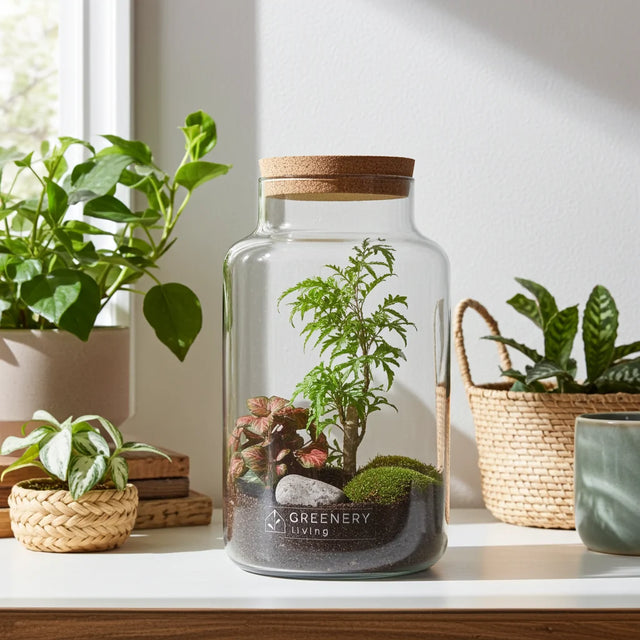 PREMIUM Flaschengarten CORK auf dem Tisch mit vielen Pflanzen