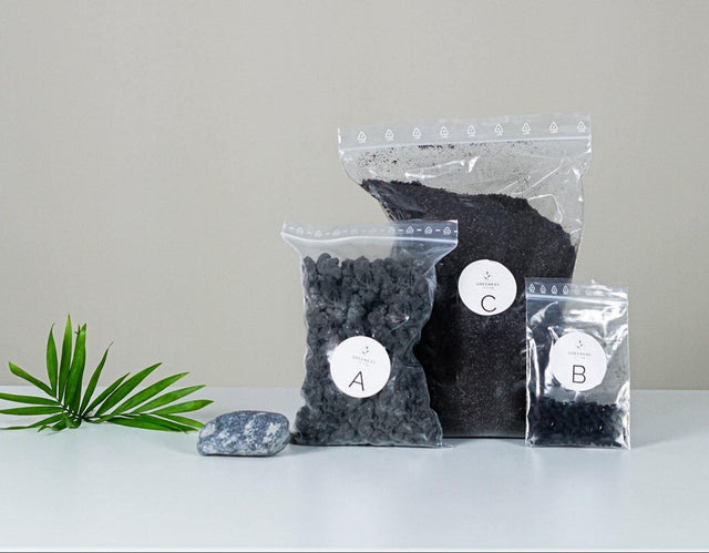 Material-Set Lava-Kies, Aktivkohle-Granulat,  Pflanzsubstrat, Deko-Kies in schwarz, Dekostein  für Flaschengärten - Greenery Living